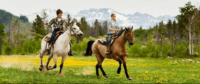 Confident plus-size woman riding Frimley a horse through a field with a smile on her face.